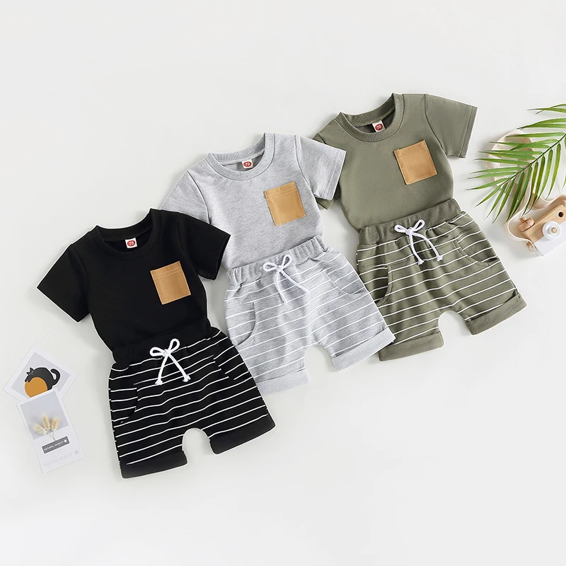 

New Fashion Baby Kids Boys Shorts Set Short Sleeve Crew Neck T-Shirt With Striped Shorts Summer Outfit 0-4 Years Hot Sale