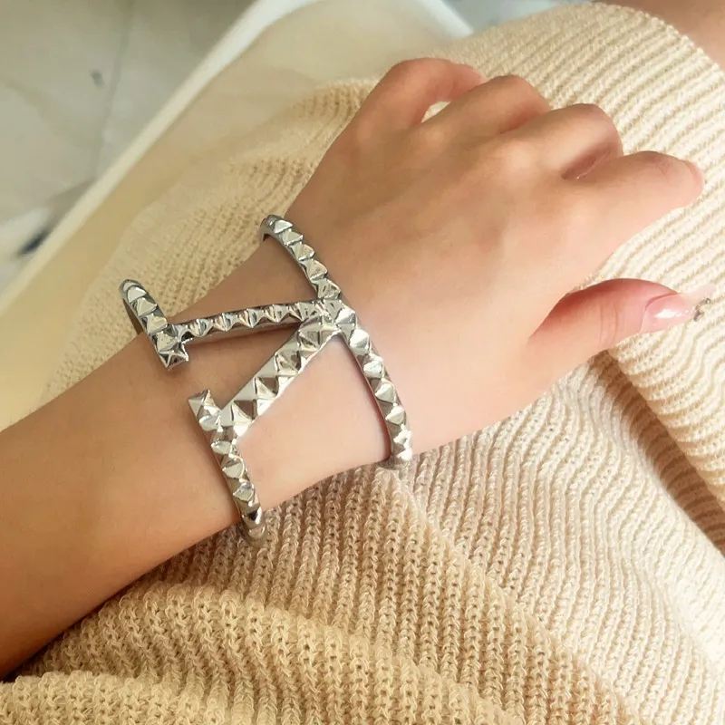 Fashion Heavy Metallic Big Statement Letter Wide Cuff Bracelets Bangles For Women Double Layers Punk Open Bracelet metal bracelet