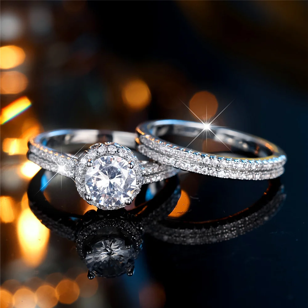 Crystal Female White Zircon Round Stone Ring Set Fashion Luxury Silver Color Bridal Wedding Engagement Jewelry For Women