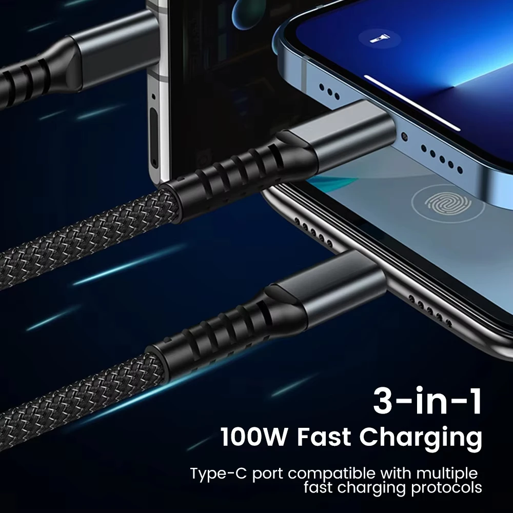 NNBILI 100W 고속 충전 케이블 멀티 충전기 케이블 브레이드형 다중 USB 범용 3in1 충전 코드 어댑터(타입-C 마이크로 포함)