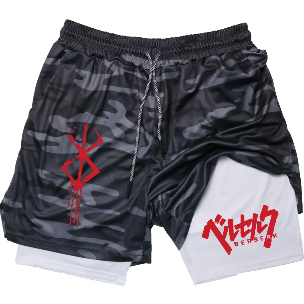 Anime Berserk 2 in 1 Gym Shorts for Men Active Athletic Compression Shorts 5 Inch Quick Dry Stretchy Training Fitness Workout 4