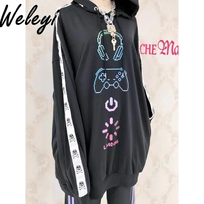 Gothic Y2k Sweet Cool Mid Length Sweatshirt Women's 2024 Spring and Autumn Subculture Streetwear Loose Long Sleeve Hooded Jacket