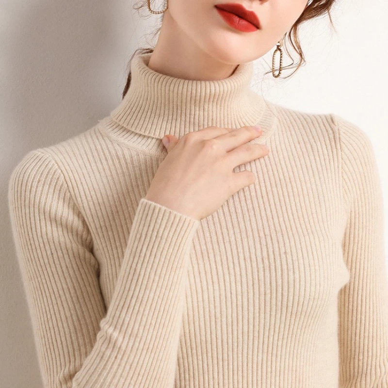 New 2025 Women's Turtleneck Solid Color Sweater Fashion Autumn and Winter Knitwear Long Sleeve Thin Casual Bottom Shirt