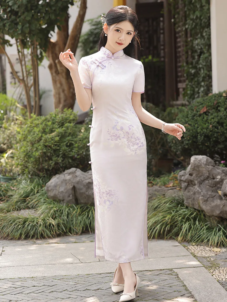 

Chinese Vintage Printed Satin Cheongsam Retro Elegant Slim Long Dress Short Sleeve Qipao Traditional Clothing