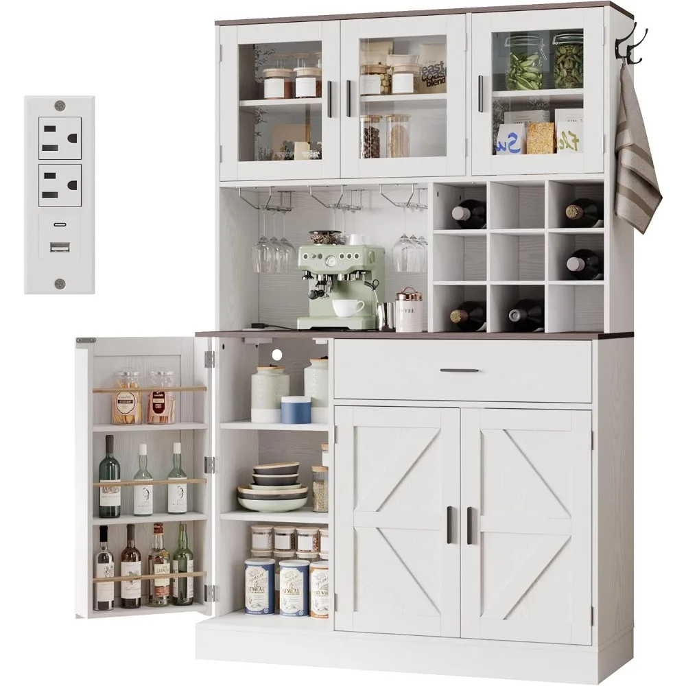 Tall Storage Cabinet Glass Doors Power Outlet Adjustable Microwave Stand for Kitchen Hutch