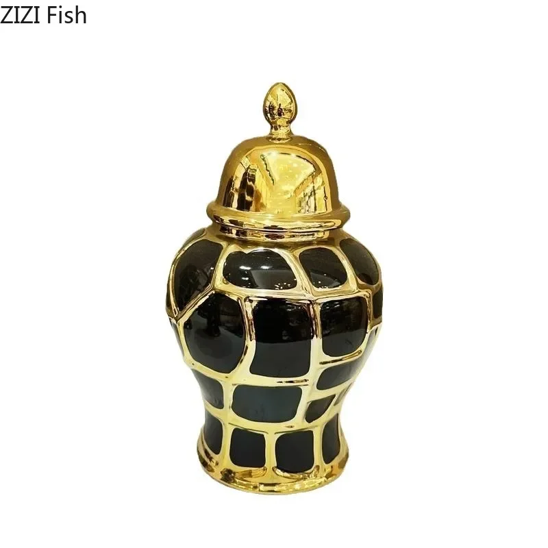 Black Checkered Pattern General Tank Golden Stripes Porcelain Ginger Jar Creative Vases Dresser Table Jewelry Cosmetic Container 6