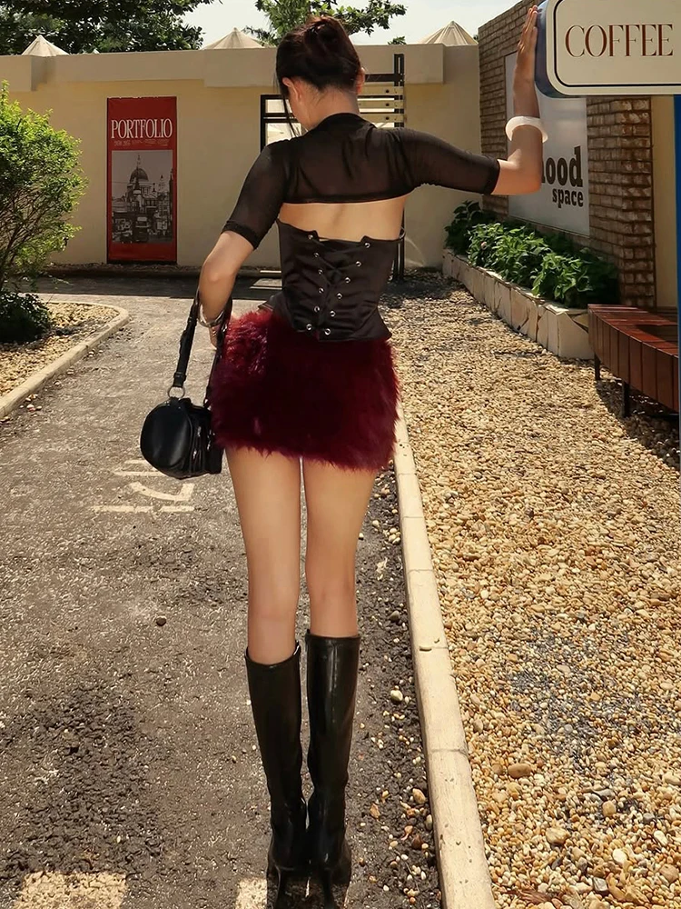 Nibber Sexy Coquette Vest 2 Piece Set Women Shirring Wild Sleeveless Bandages Tank Top+See Through Jackets Midnight Clubwear