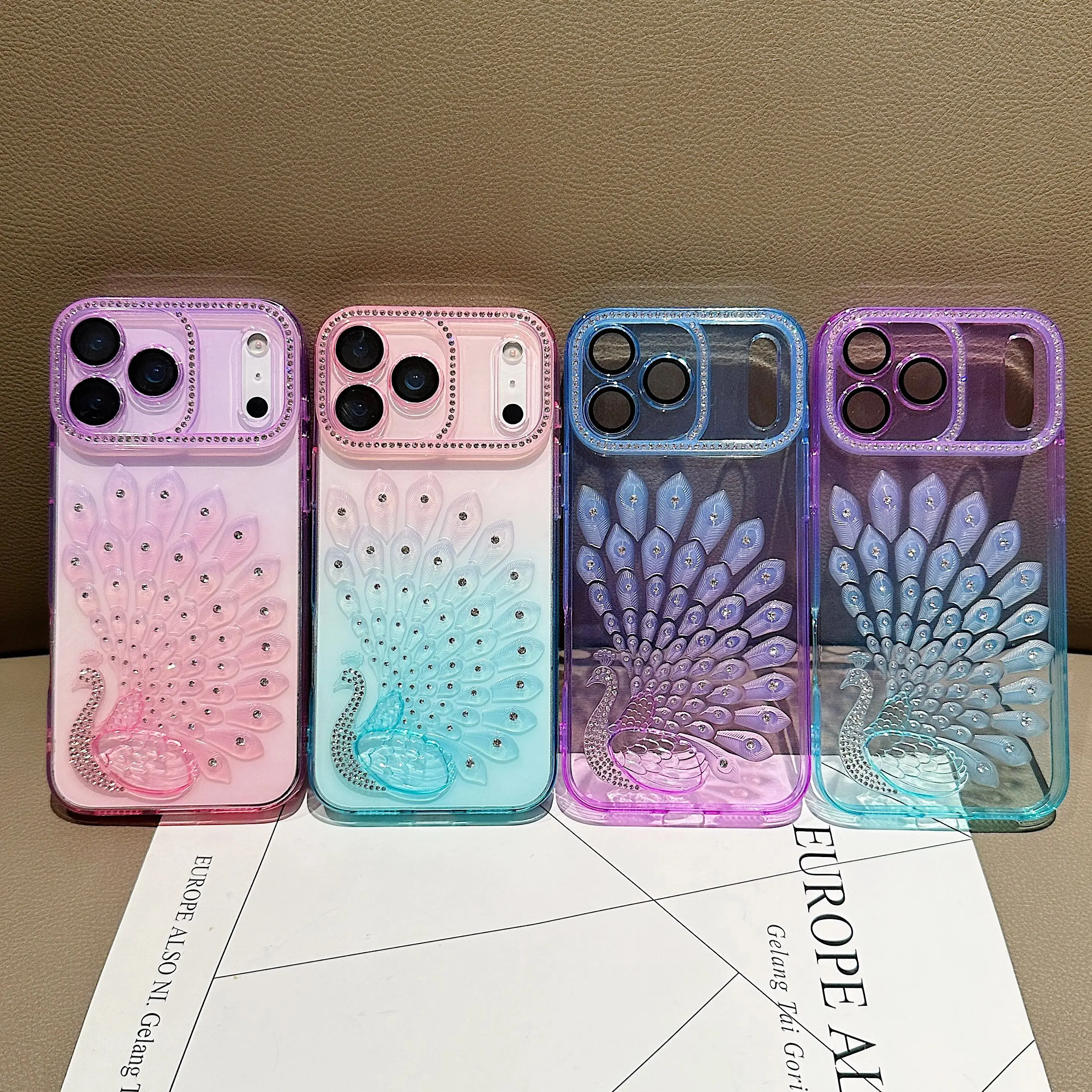 Colorful Peacock Diamond Aesthetic Gradient Clear Case with Lens Protection