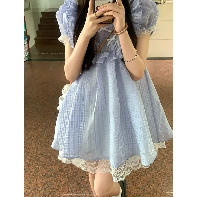 

Long New Style Dress High-Grade Gentle Sweet Plaid Puff Sleeve Slimming Dress Super Fairy Skirt