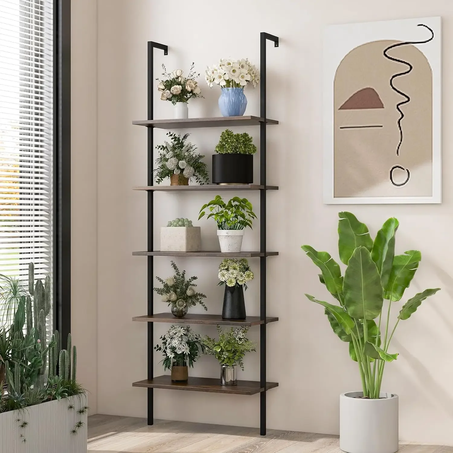 5-Tier Bookshelf, Modern Wall Mounted Ladder Shelf, 5 Tiers Wood Open Bookcase w/Metal Frame, Home Office Display Rack 4