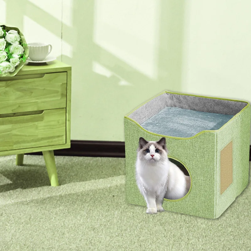 Foldable Double-deck Cat Condo Cube Indoor Cool Scratch Resistant Hiding Playing Cave with Scratch Pad for Cats