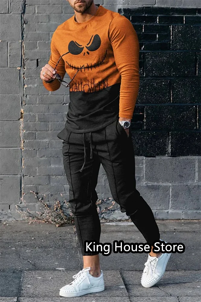 Halloween Pumpkin Men's Outfit Tracksuit 2 Piece Set Long Sleeve Trouser Streetwear Autumn Fashion Oversized Jogger Trouser Set
