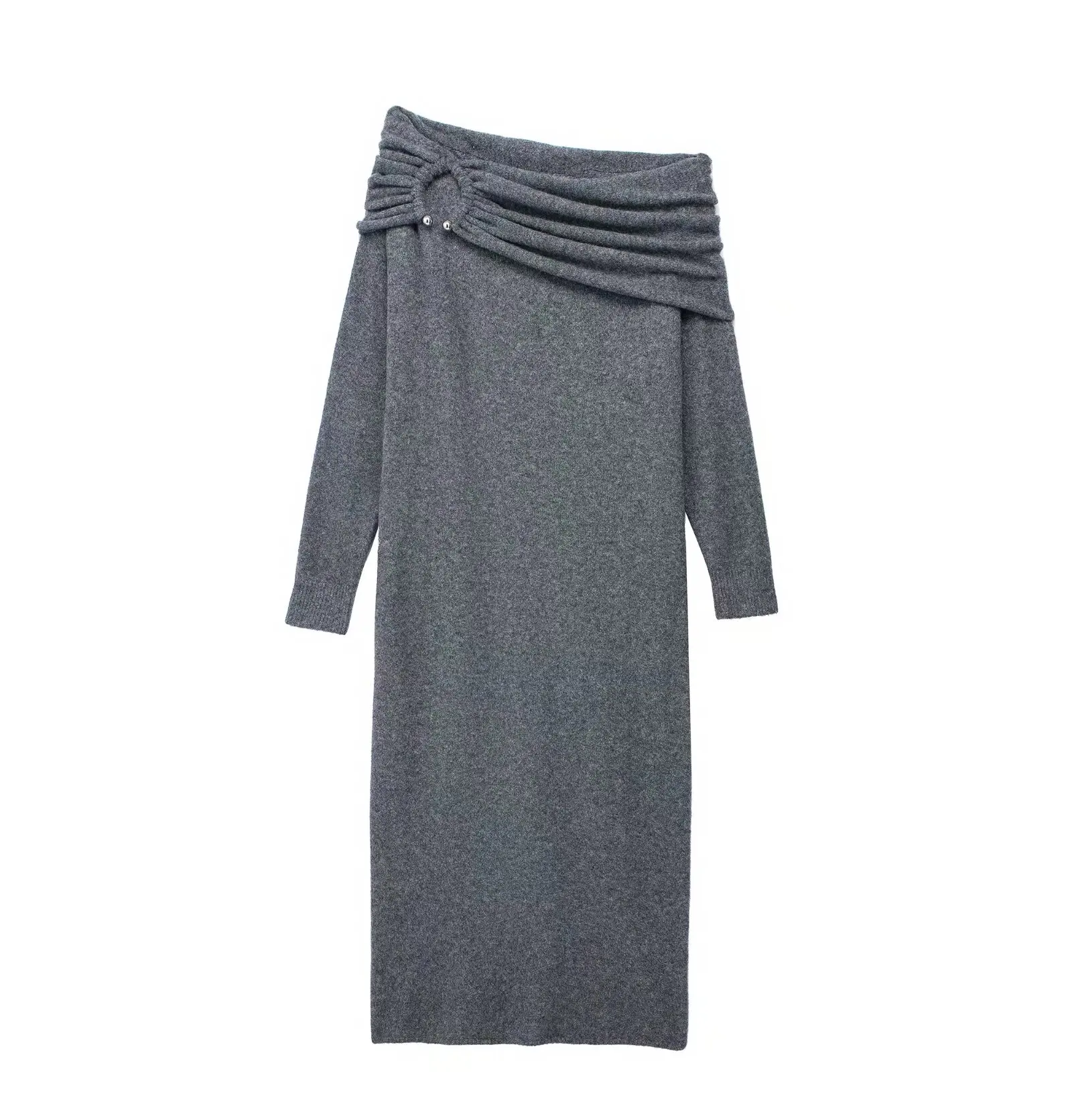 

Women New Fashion Knitted Pleated Decorative Midi dress Vintage Long Sleeve Slim-Fit Casual Chic Female Dresses Vestidos Mujer