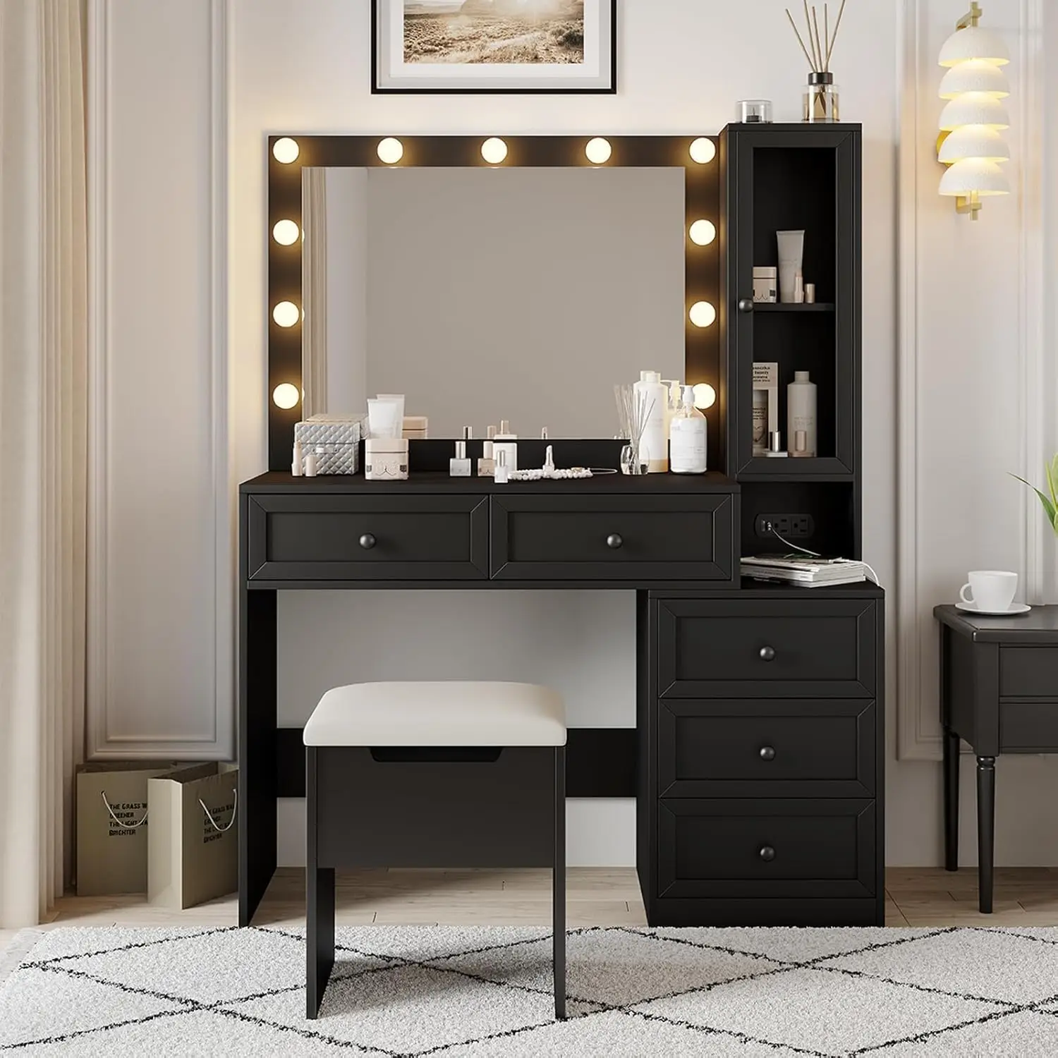 43" W Vanity Desk with Mirror & 11 Lights,Modern Makeup Desk with 5 Drawers & Cushioned Stool,3 Lighting Modes Brightness Adjust