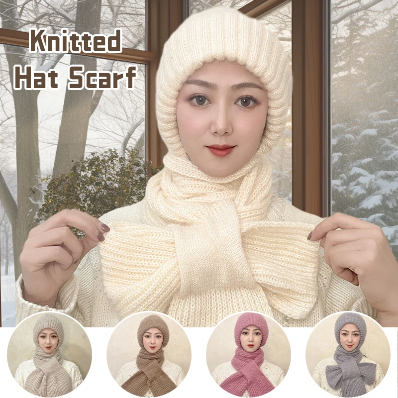 

Winter Warm Knitted Skullies Hat Scarf Set Cold Proof Ear Protection Scarf Girls Beanies Cycling Windproof Lady Outdoor Caps