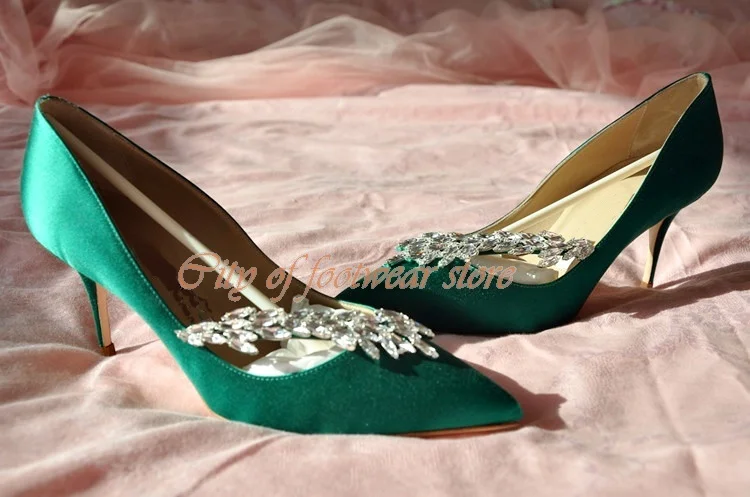 Women Satin Crystal Embellished Pumps Stiletto Heel Pointed Toe High Heels  Elegant Party Wedding Shoes Multi Colors Designer