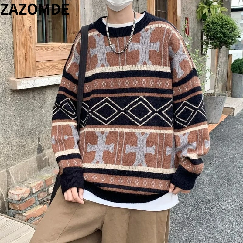 

ZAZOMDE Sweater Pullovers Men Striped Design Vintage Fashion Popular Soft Loose All-match Students Daily Simple Knit Sweater Men