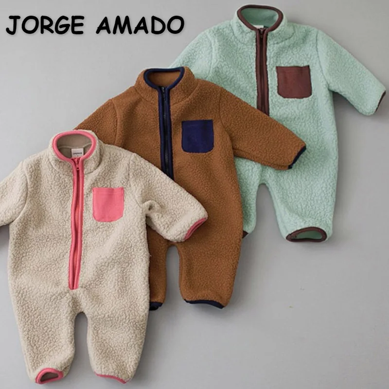

Korean Style Winter Kids Boy Girl Rompers Long Sleeves Berber Fleece Zipper Warm Jumpsuit Newborn Fashion Unisex Clothes E61733