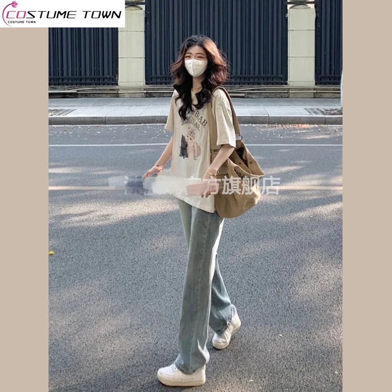 Summer New American Retro Fashion Print Short Sleeve T-shirt Top Women+Jeans College Style Wear Two Piece Set qoerlin summer retro print thin blazer 3 4 sleeve suit jacket loose lapel short linen coat one button pocket lace floral tops