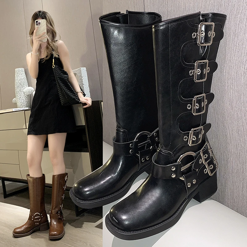 Women Knee Boots Woman Boots Knee High Platfrom Studded Spring Summer Knight Combat Gothic Elegant Medium Heel Women's Shoes Motorcycle Footwear