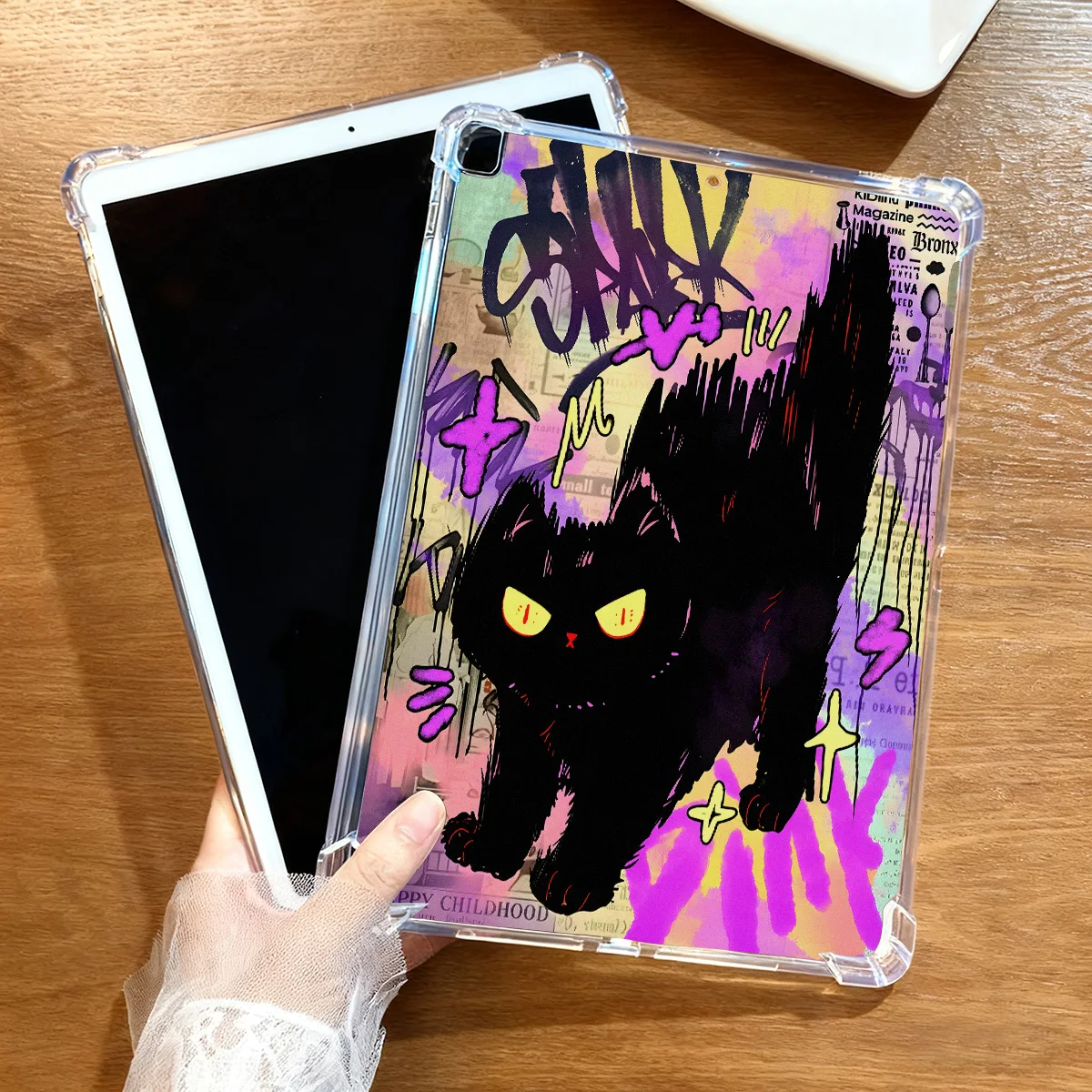 Transparent Tablet Case with Black Graffiti Cats Design