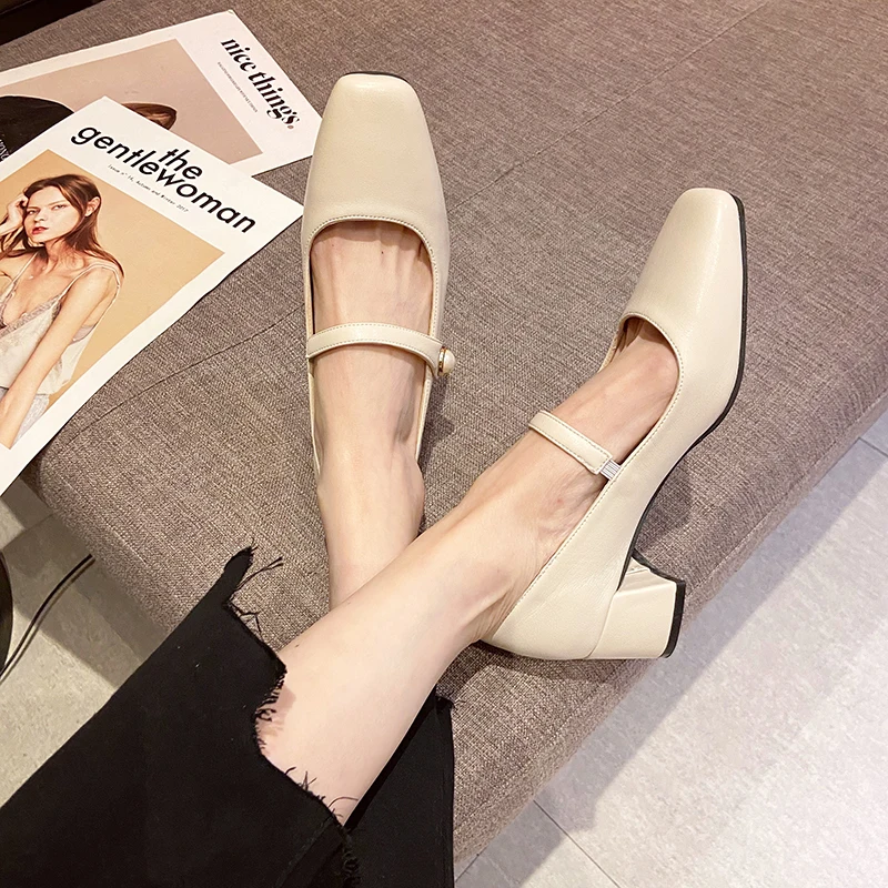 Solid Color Med Heels Mary Jane Shoes for Women Elegant Square Toe Patent Leather Shoes Woman 2022 Spring Autumn Shallow Pumps