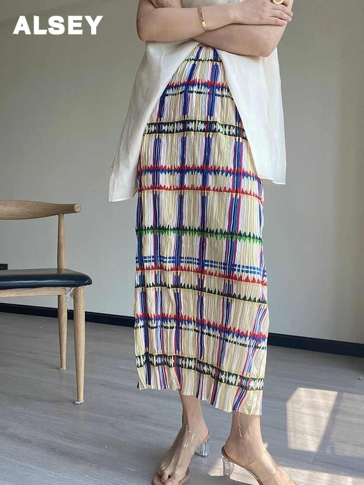

ALSEY Miyake Women's Pleated Striped Straight Long Harajuku Style Office Lady Women's Elegant Casual Dresses 2023 Autumn New