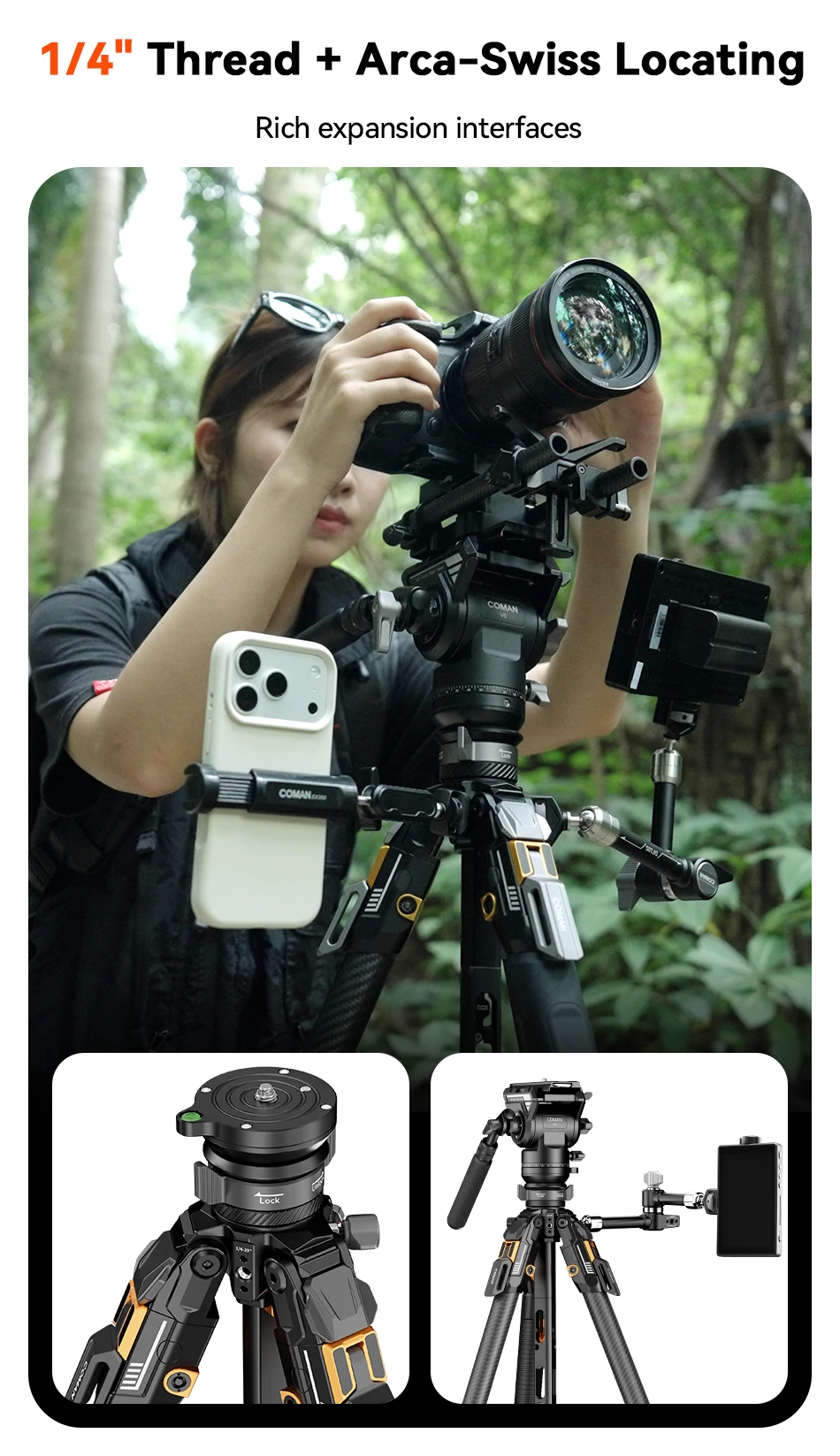 Coman T1S / T1S V5 Travel Carbon Fiber Tripod One Click Quick Release With Panor