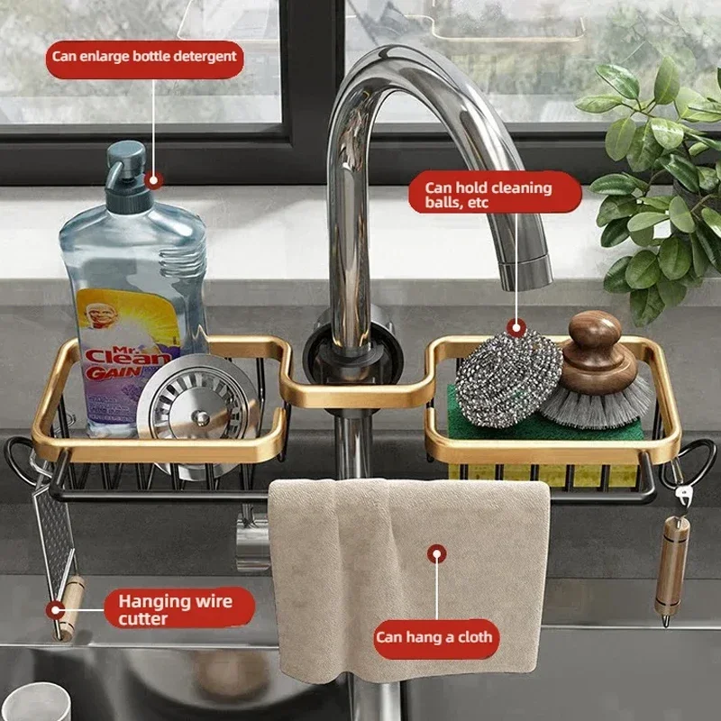 Kitchen Space Aluminum Sink Drain Rack Sponge Storage Faucet Holder Soap Drainer Shelf Basket Organizer Bathroom Accessories