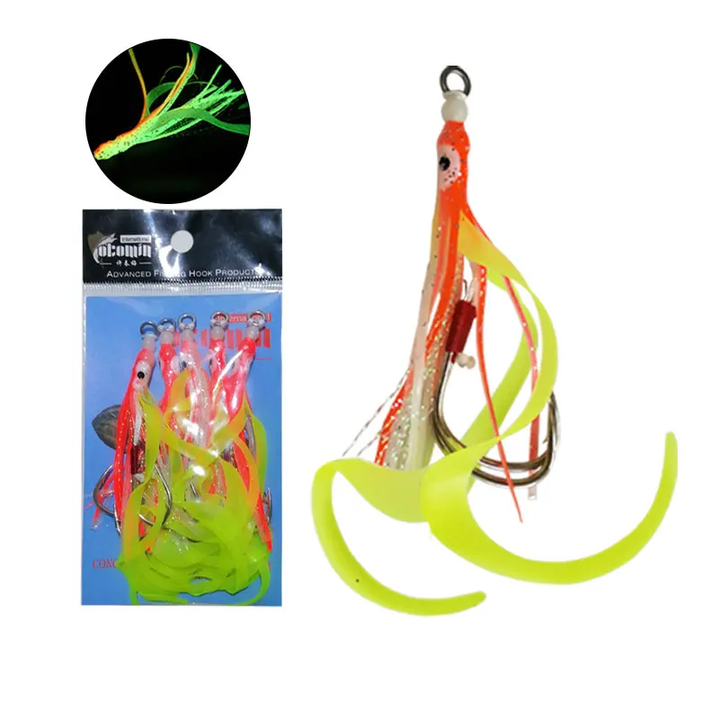 

AS 10pcs/lot Fishing Hooks Glow Assist Pesca Lure With Squid Silicone Skirts Lumious Jig Hook Sea Fishing Accessories Tackle