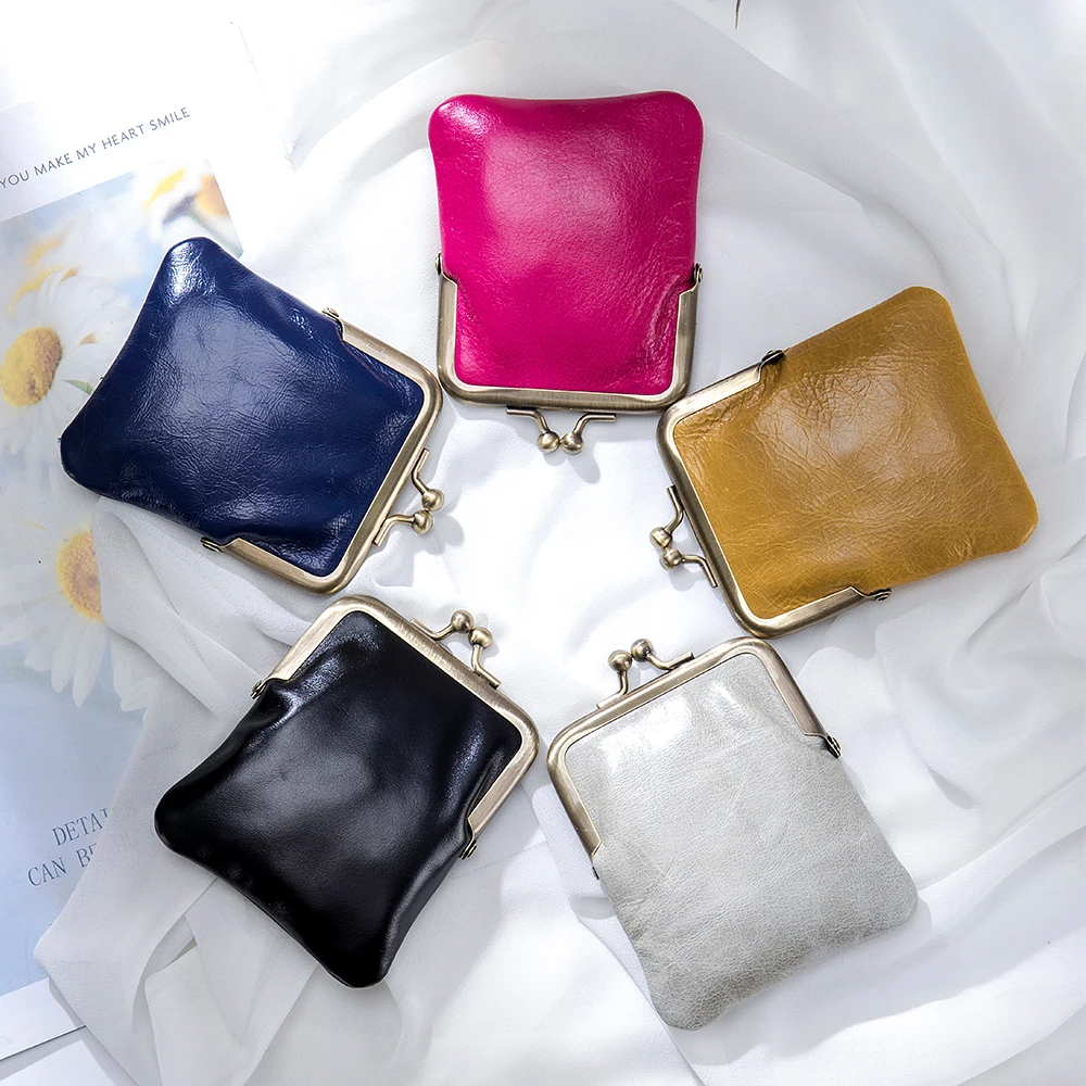 

New Women Wallets Female Oil Wax Leather Purses Brand Metal Frame Wallet Fashion Soft Small Cowhide Money Bag Coin Card Holders