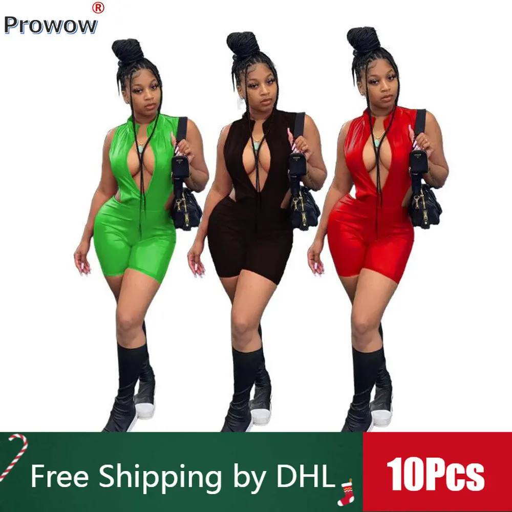 

10Pcs Bulk PU Leather Playsuit Women Sexy Bareback Bodycon Jumpsuit 2023 Summer Solid Zip Collar Nightclub Romper Wholesale 9508