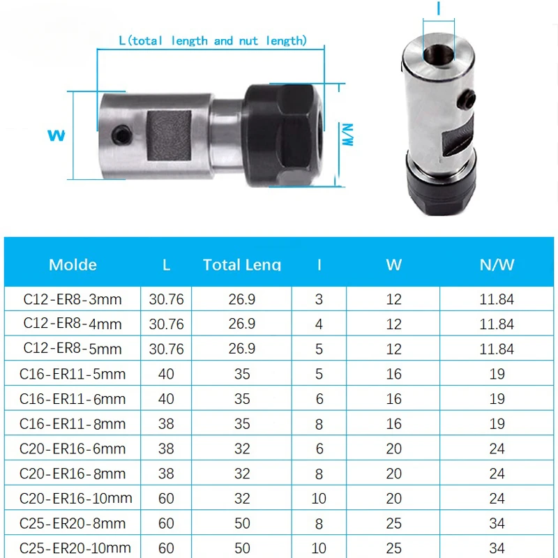 CSZJ 거치대 모터 샤프트 포스트 스핀들, ER8 ER11 ER16 ER20 C10 C16 C20 C25 도구, ER 도구 거치대 조각용, 6mm 8mm 5mm 10mm