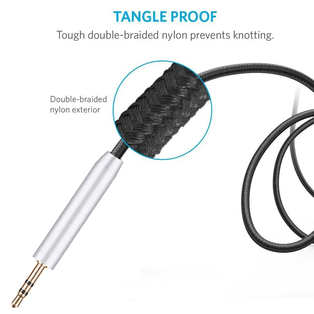 OFC Replacement Aux 3.5mm Nylon Braided Cable Extension Cord For 1More SonoFlow Active Noise Cancelling Bluetooth Headphones