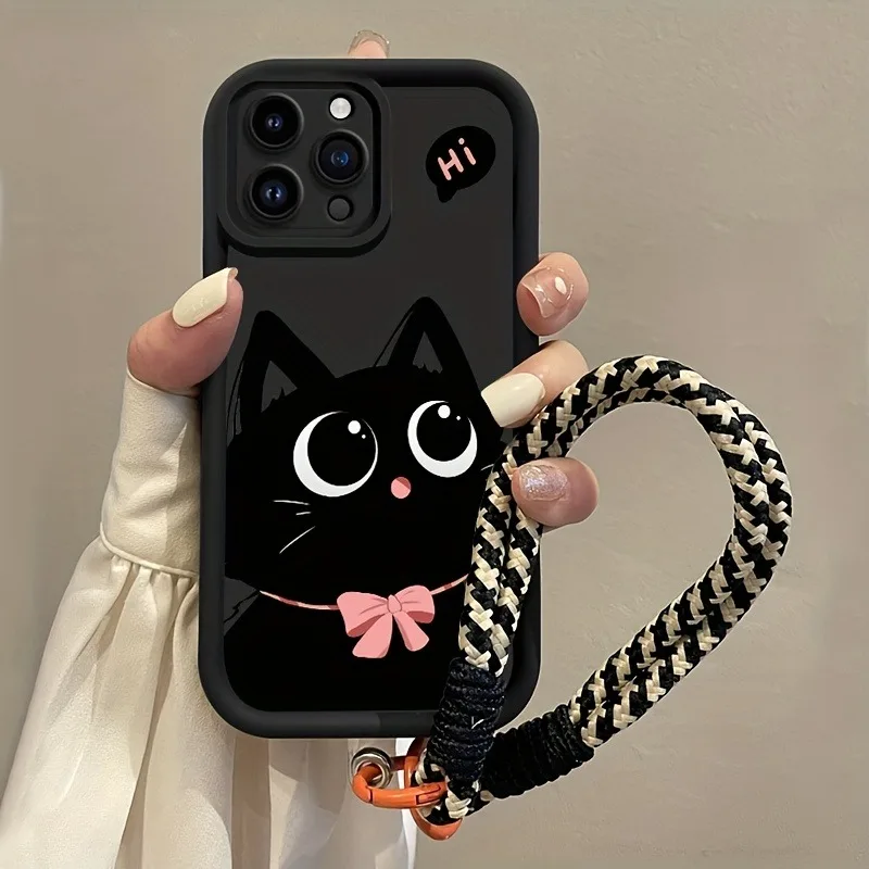 Charming Black Cat Silicone Phone Case with Hang Strap - Soft Protective Cover