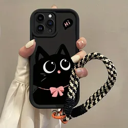 Charming Black Cat Silicone Phone Case with Hang Strap - Soft Protective Cover - iPhone 15 Plus (1)