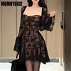 Women Lace Dress 2024 Spring Autumn French Style New Elegant Square Collar Long Sleeve Reduce The Waist Slip Dresses Sexy Skirt 2