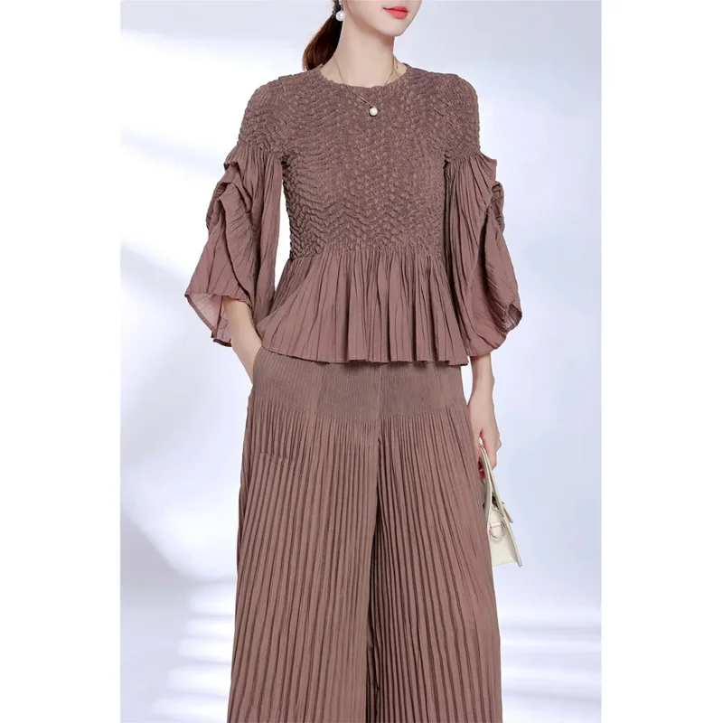 Miyake Pleated Pants Set Women's Autumn New Simple and Versatile Casual Short Top Loose Pants Wide Leg Pants Two Piece Set