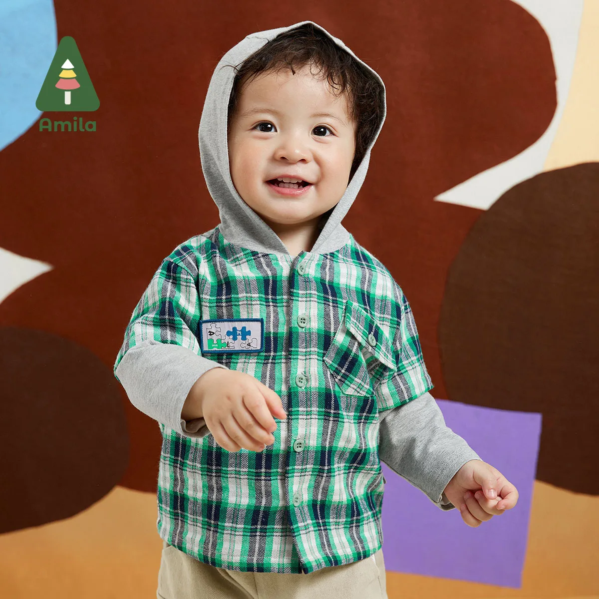 Amila Baby Boys Autumn New Fake Two Lrregular Pocket Design Theme Printing Frosted Plaid Shirt Warm Fashion Sleeve Children