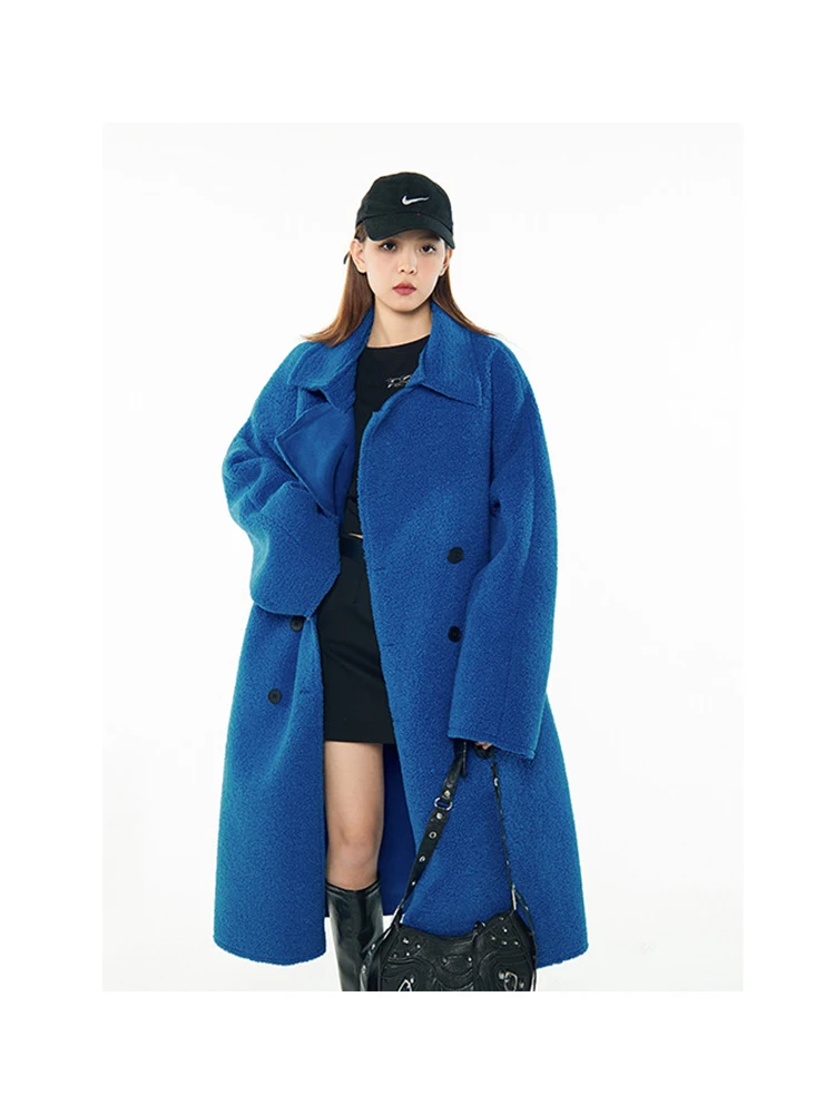 

Women Blue Notched Wool Blends Double Breasted Casual Coat New Long Sleeve Loose Fit Fashion Tide Autumn Autumn 2023 Female