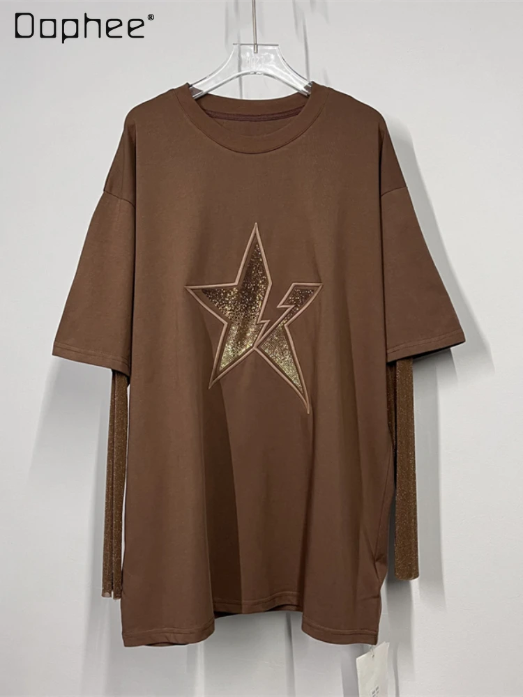 

Street Style Five-Pointed Star Embroidered Rhinestone Loose Stitching Mesh Long-Sleeved T-shirt Women Autumn New Round Neck Top