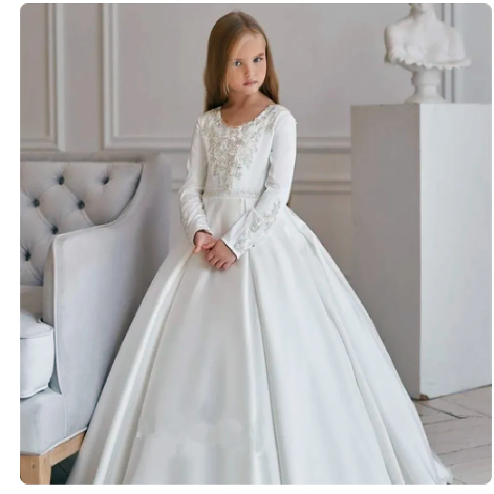 

Kids Surprise Birthday Present Holy Satin Pearl Printing Princess Flower Girl Dress Ball Beauty Pageant First Communion