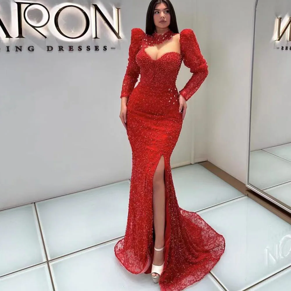 

red lace prom dresses 2023 arabic new arrival lace beading pearls mermaid evening dresses gowns vestidos de fiesta