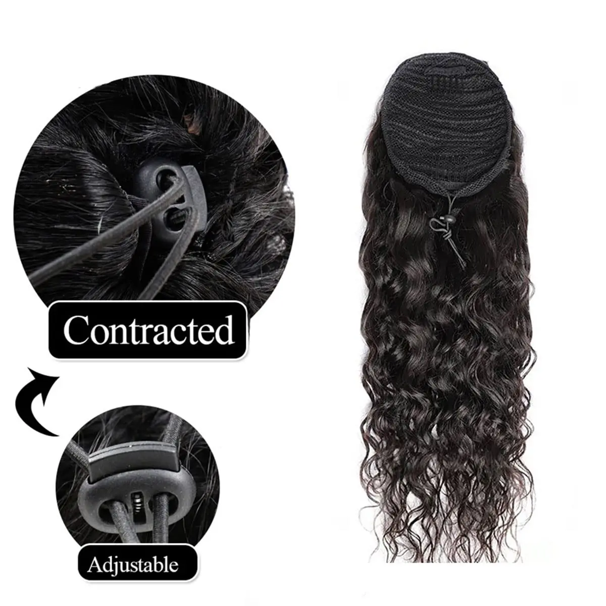 100% 인모 드로스트링 포니테일 연장 워터 웨이브 포니테일 클립형 포니테일 연장