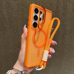 Magnetic Wrist Strap Phone Case with Lens Bracket Cover - Galaxy S23 Ultra (Orange )