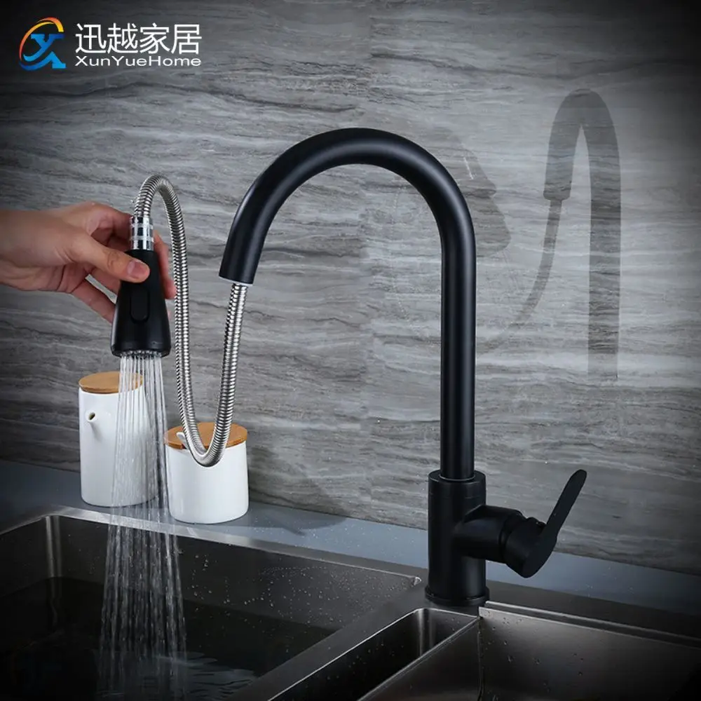 Kitchen Sink Faucet Pull Out Spout Mixer Taps Black Brass Spray Nozzle Hot And Cold Water whirligig Single Hole Deck Mounted