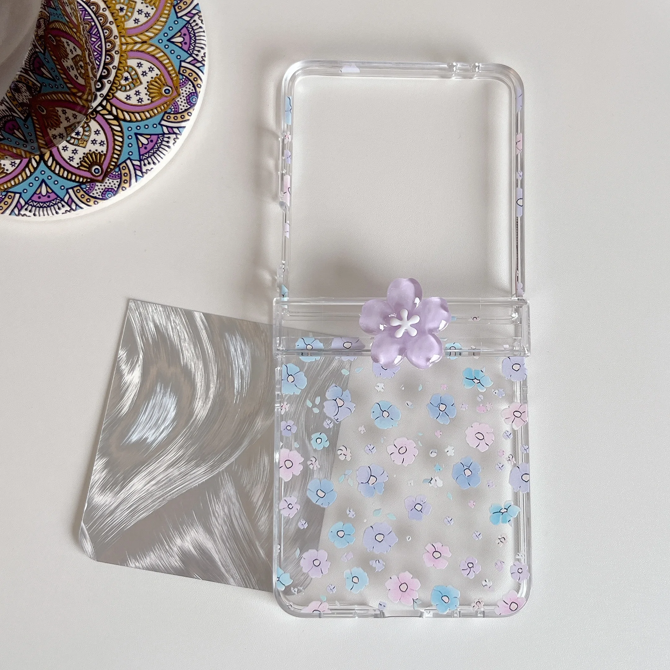 3D Purple Flower Blooming Dual-Mode Clear Protective Case with Lanyard - Middle Axis Design