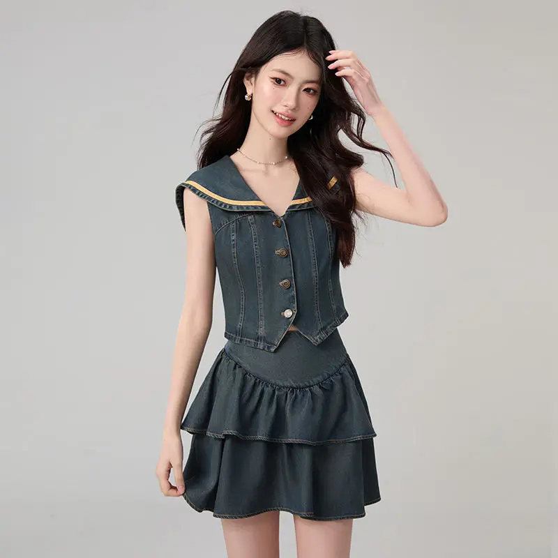 Denim Skirt Suit The Is Light And Luxurious Paired With A Navy Collar Sleeveless Vest Cake Skirt And A Summer Dress For Women