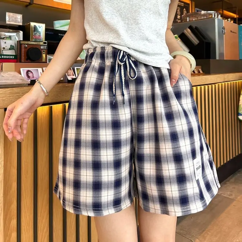 Chiffon Casual Shorts for Women Summer Thin Style 2024 New Plaid Small Elastic High Waisted Wide Leg Five Part Midi Pants