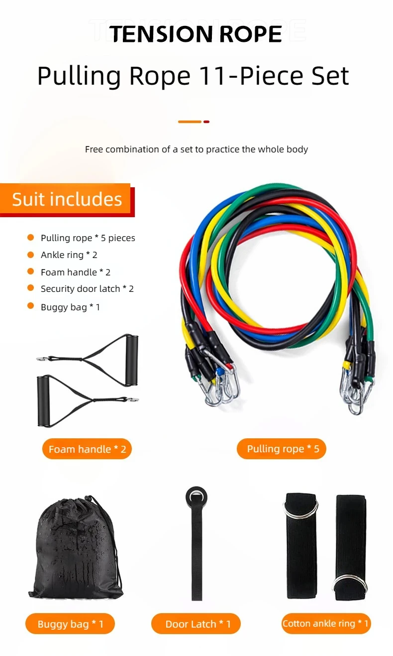 Description Picture 2 of item11pcs Pull Rope, Resistance Bands, Portable Fitness Equipment, Ankle Strap, Chest Expander, Elastic Exercise Band
